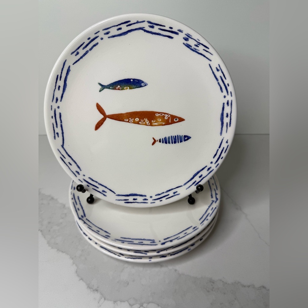 4 Papart Seramik 8” SALAD PLATES Fish Coastal Nautical Hand Painted Turkey New - Picture 7 of 11